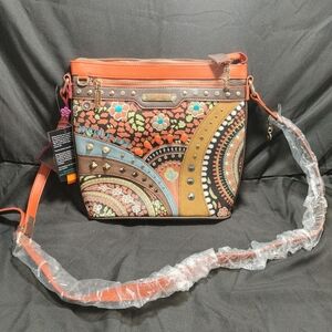 Nicole Lee Artistic Crossbody Bag with Orange and Brown Accents